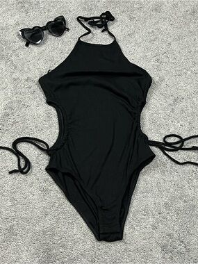 Black Ribbed Cutout One-Piece Bodysuit